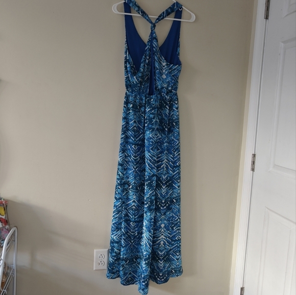 Forever 21 Large Maxi Asymmetrical Blue Print Sleeveless Dress Leg Slit Cut Out - Picture 5 of 11